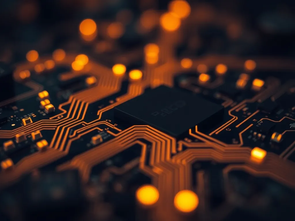 High-tech macro shot of a circuit board with glowing lines a