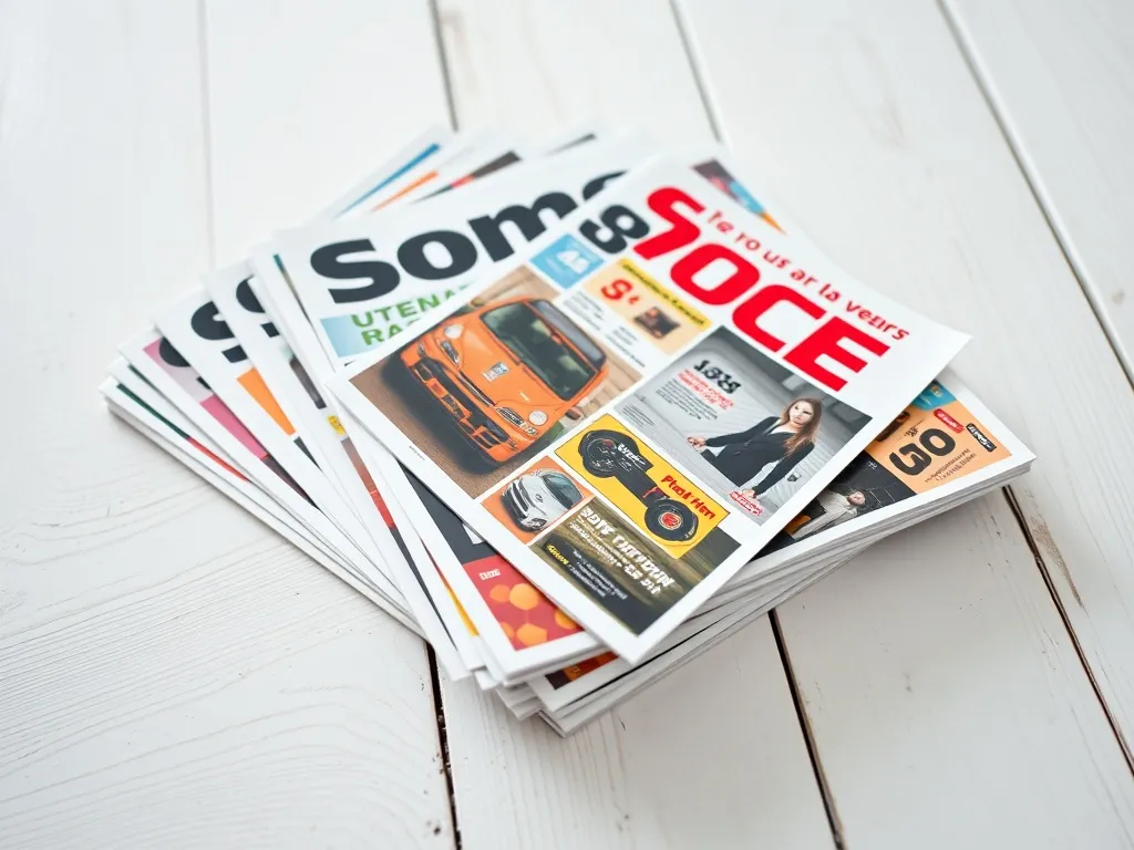 A stack of colorful store flyers and magazines on a white wo