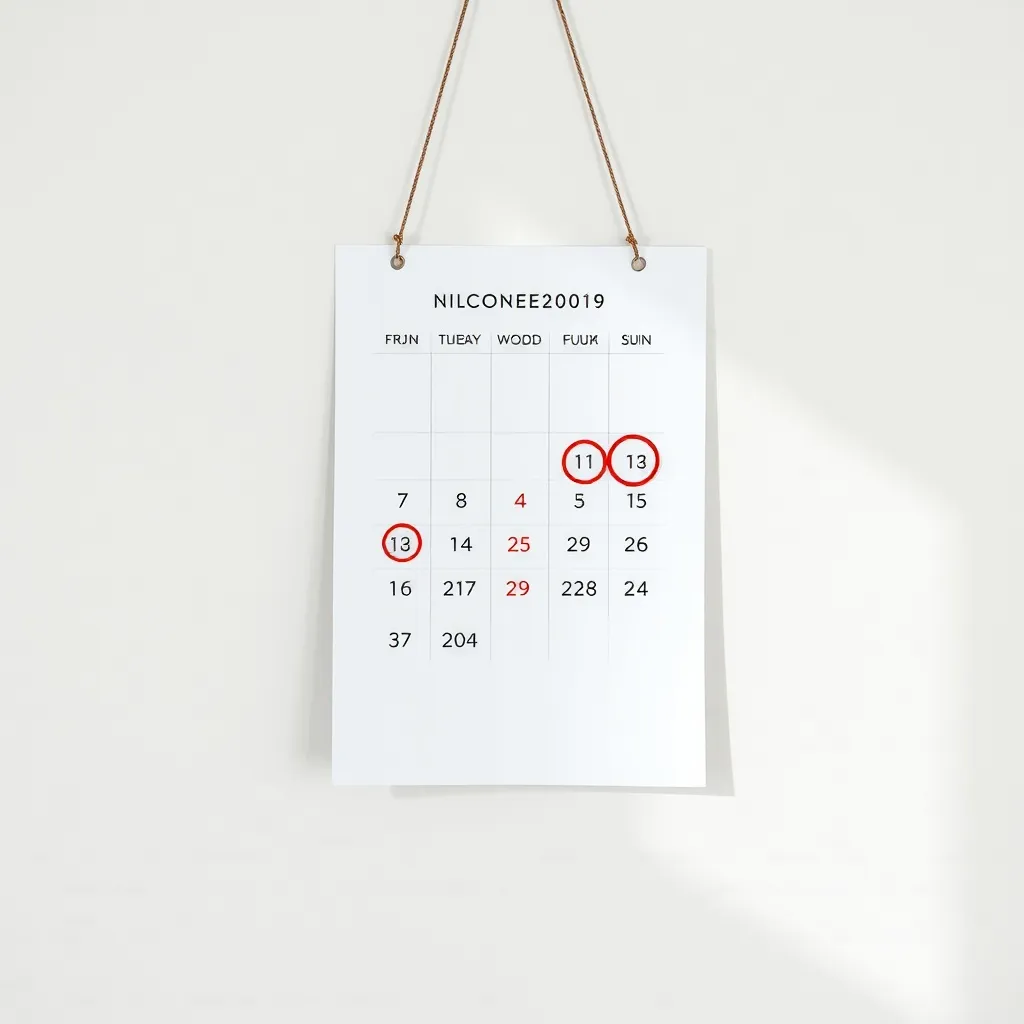 A minimalist wall calendar with dates circled in red, aesthe