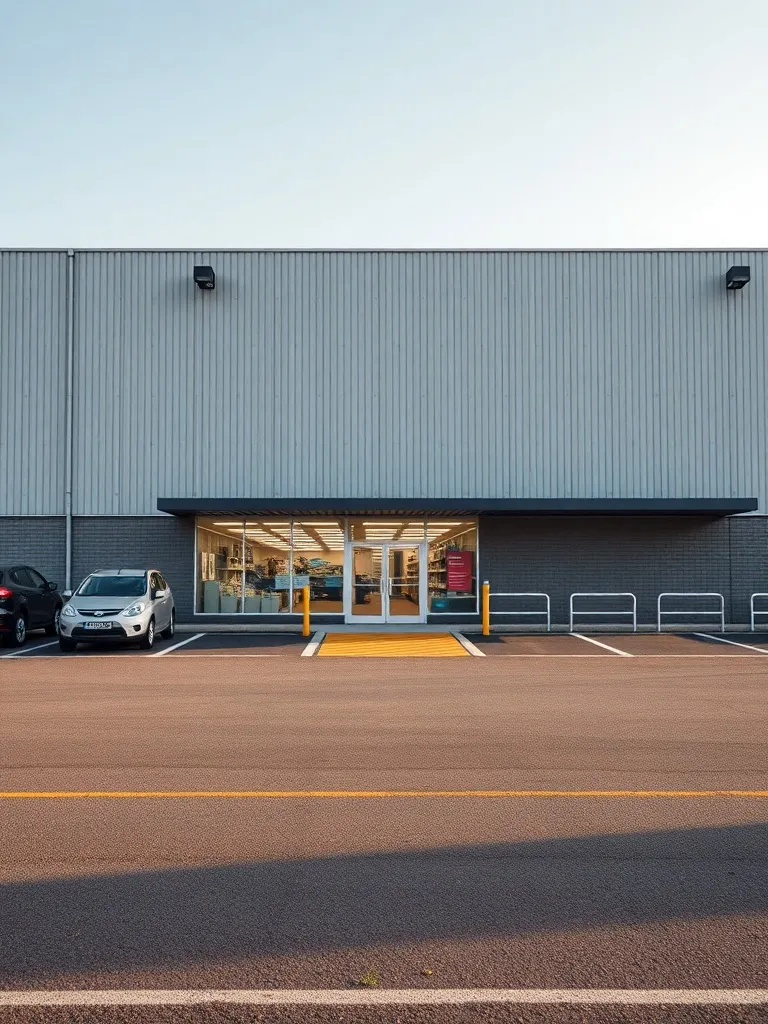 A modern warehouse store exterior with parking lot, daylight