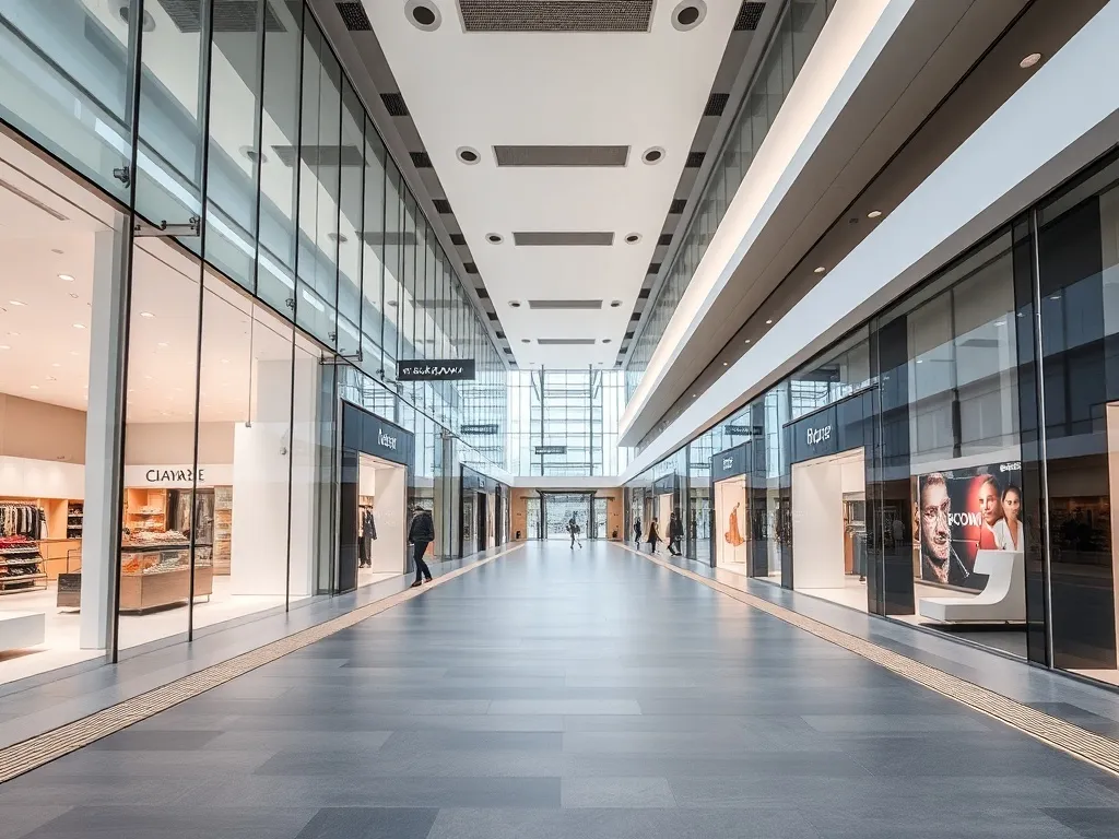 A high-quality wide shot of a modern minimalist shopping mal