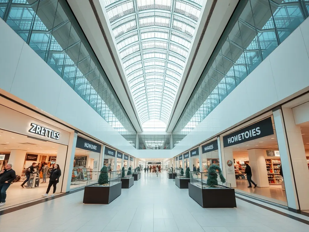 Modern minimalist shopping mall interior in Krakow with clea